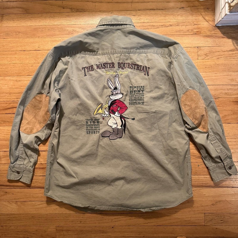 ACME Clothing Mens Button Up Shirt Suede Elbow Patches Bugs Bunny Equestrian M